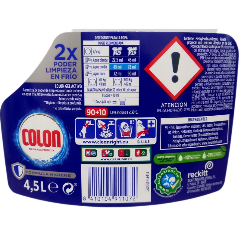 Detergente Colon Gel Activo Fórmula Higiene - 100 lavados.