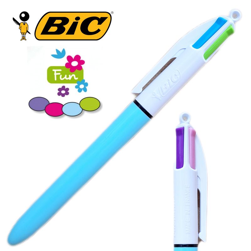 Bolígrafo Bic Fun 4 Colores Pastel - Azul claro, Rosa, Violeta y Verde claro.