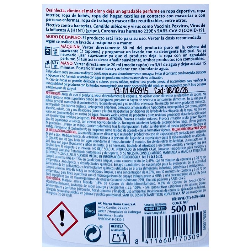 Sanytol - Desinfectante para tu colada - Elimina Olores - 500ml.
