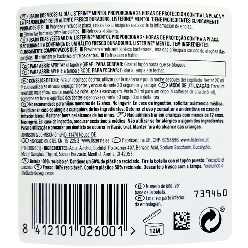 Enjuague Bucal Listerine Mentol - 500ml.