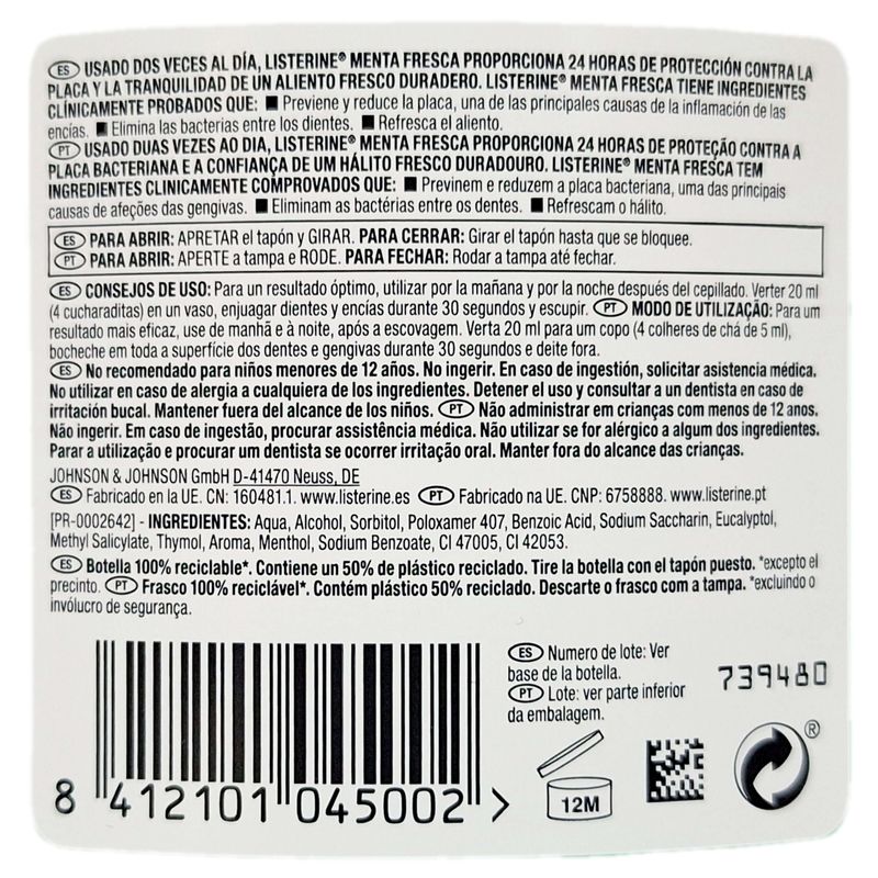 Enjuague Bucal Listerine Menta Fresca - 500ml.