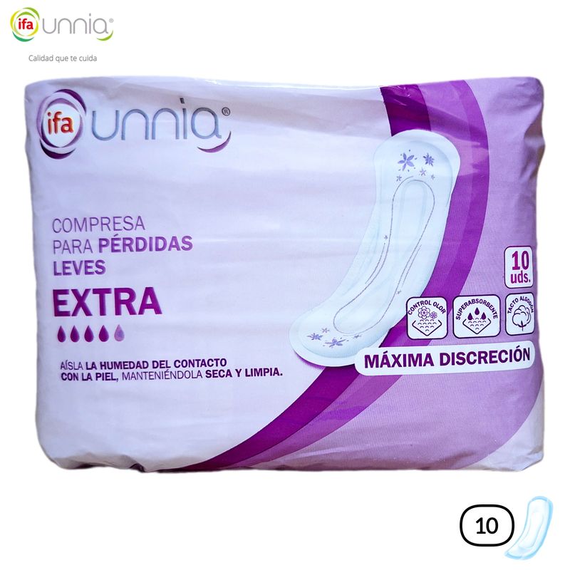 Compresa ifa UNNIA Para PÉRDIDAS LEVES EXTRA 10 unid. - Tacto Algodón