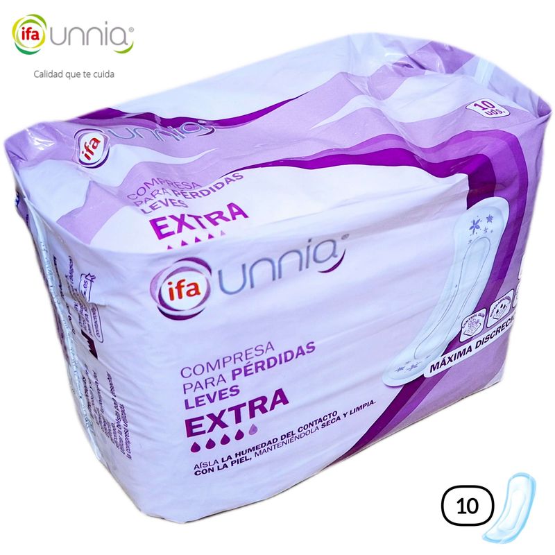 Compresa ifa UNNIA Para PÉRDIDAS LEVES EXTRA 10 unid. - Tacto Algodón