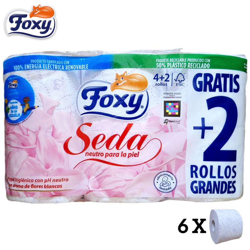 Papel Higiénico Foxy Seda - 6 rollos - 3 Capas - Aroma a Talco.