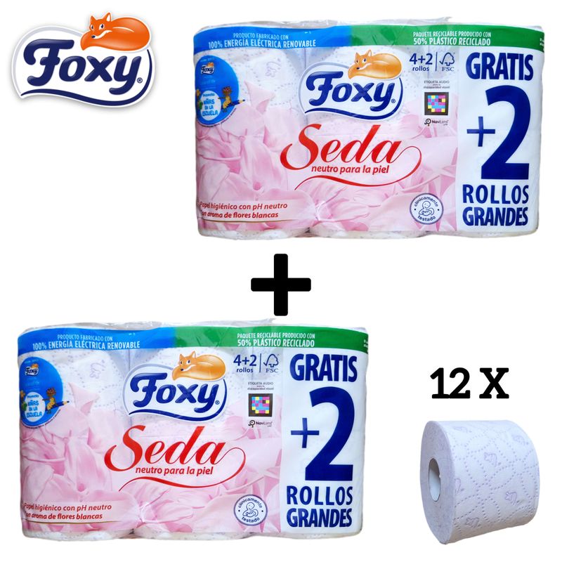 Papel Higiénico Foxy Seda - 2 X 6 rollos= 12 Rollos - 3 Capas - Aroma a Talco.