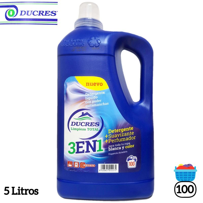 Detergente Líquido Ducres 3 en 1 + Suavizante + Perfumador 5 Litros.