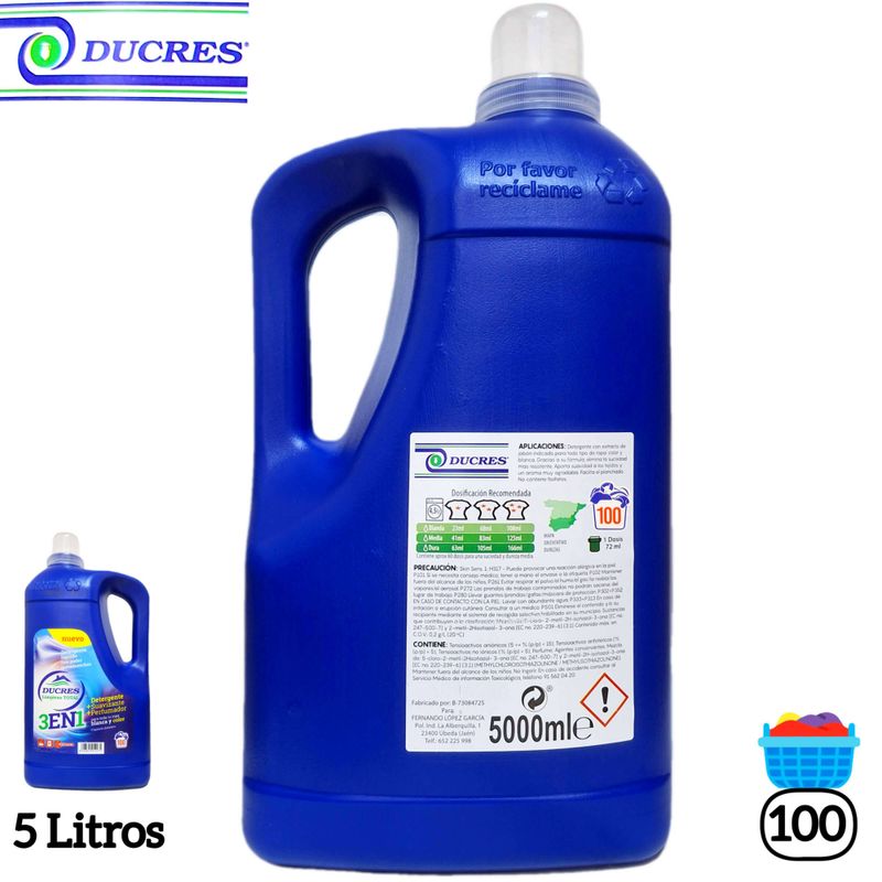 Detergente Líquido Ducres 3 en 1 + Suavizante + Perfumador 5 Litros.