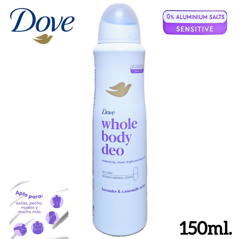 Dove Desodorante Spray Whole Body deo Lavender & Camomile Scent - Axilas, Pecho, Mulos y mucho más - 150ml.