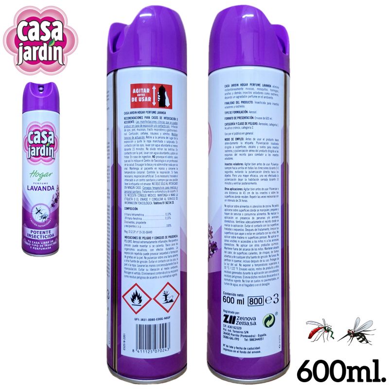 Casa Jardín Hogar Perfume Lavanda - Potente Insecticida - 600ml.
