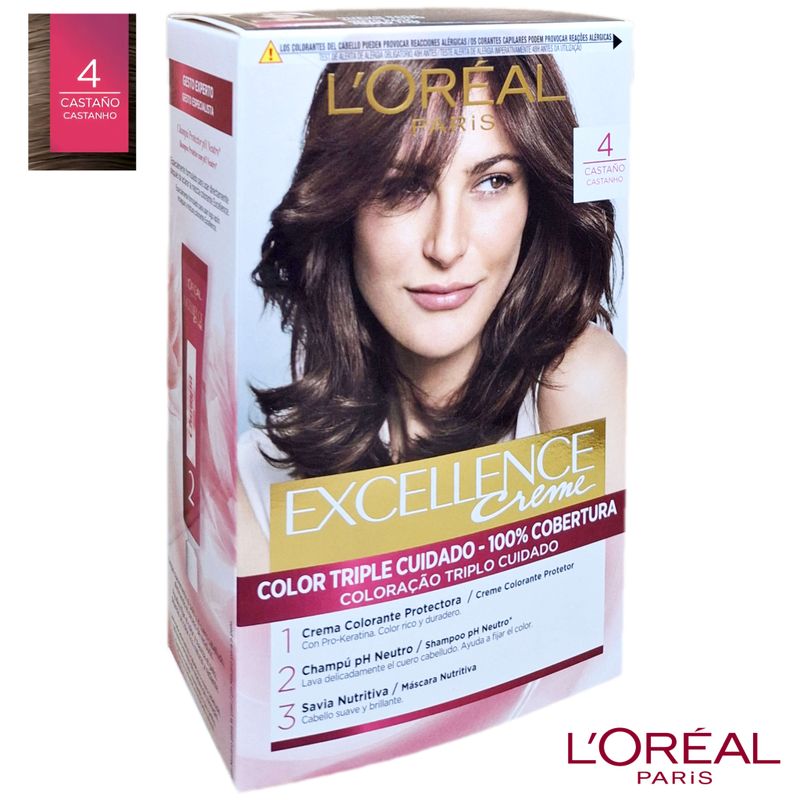 L'oréal Paris Tinte Crema Colorante 4 Castaño - Excellence Creme - Color Triple Cuidado - 100% Cobertura.