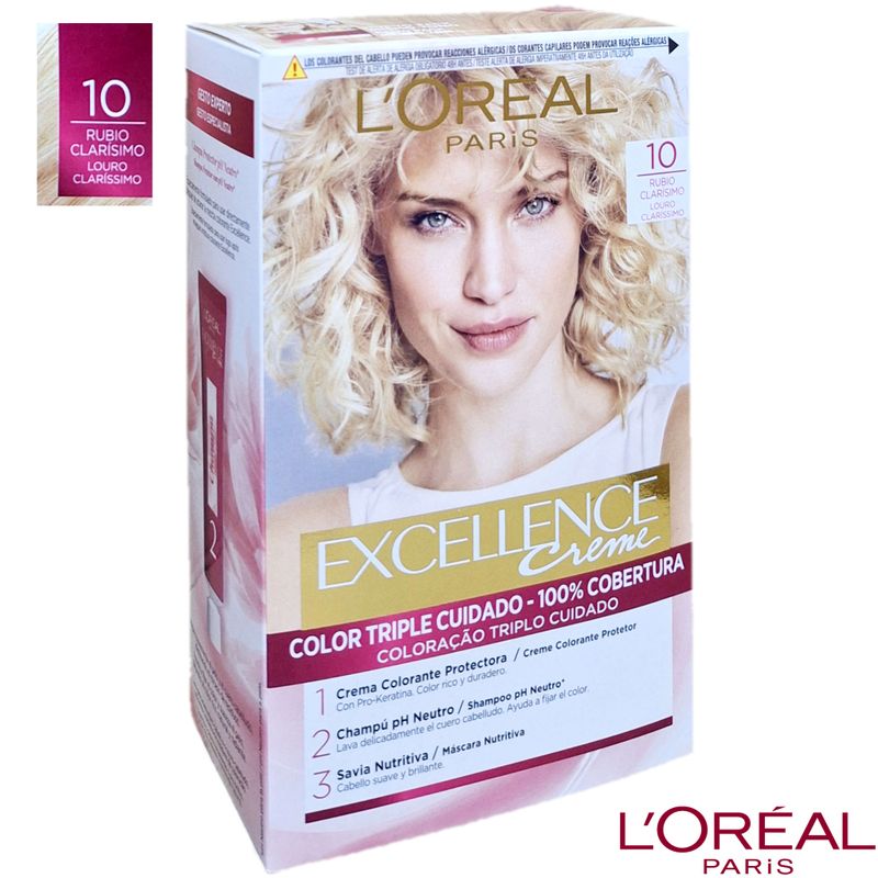 L'oréal Paris Tinte Crema Colorante 10 Rubio Clarísimo - Excellence Creme - Color Triple Cuidado - 100% Cobertura.