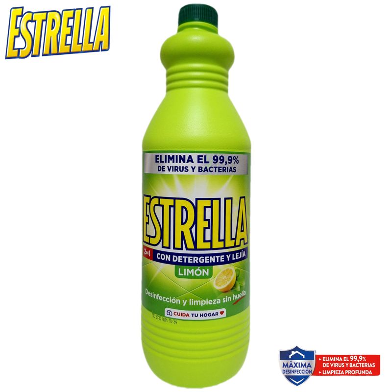 Estrella - Lejía con Detergente Limón 2 en 1 - Desinfección y Limpieza sin Huella - 1430ml.