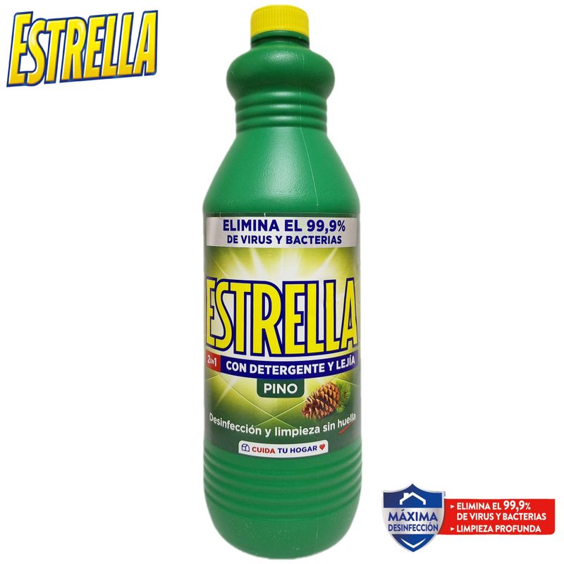 Estrella - Lejía con Detergente Pino 2 en 1 - Desinfección y Limpieza sin Huella - 1430ml.