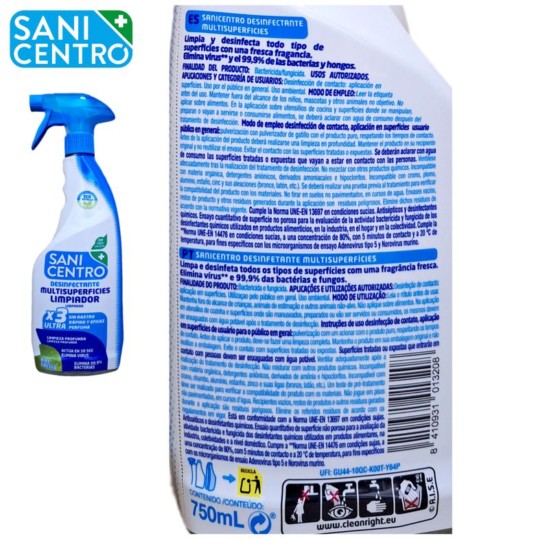 Sanicentro Desinfectante Multisuperficies Spary - x3 Ultra - 750ml. Pistola.