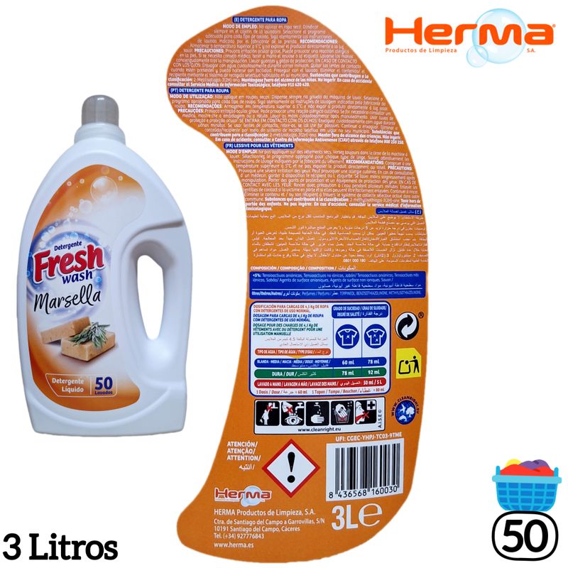 Detergente Líquido Fresh Wash  - Marsella - 50 Lavados - 3 Litros