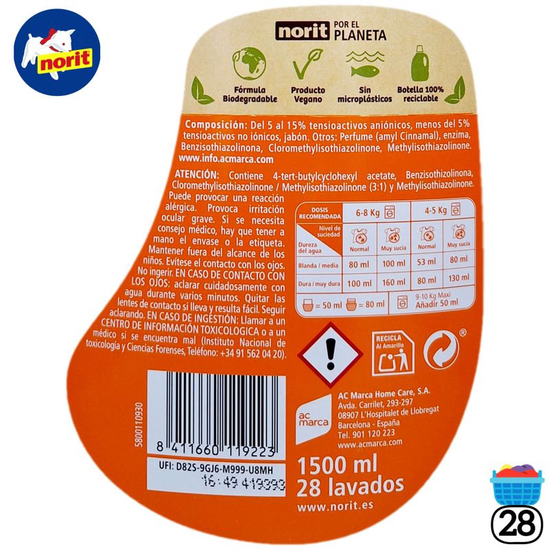 Norit Ropa de Color - Detergente para la ropa de Color - Colores más Vivos - 28 Lavados - 1500ml.