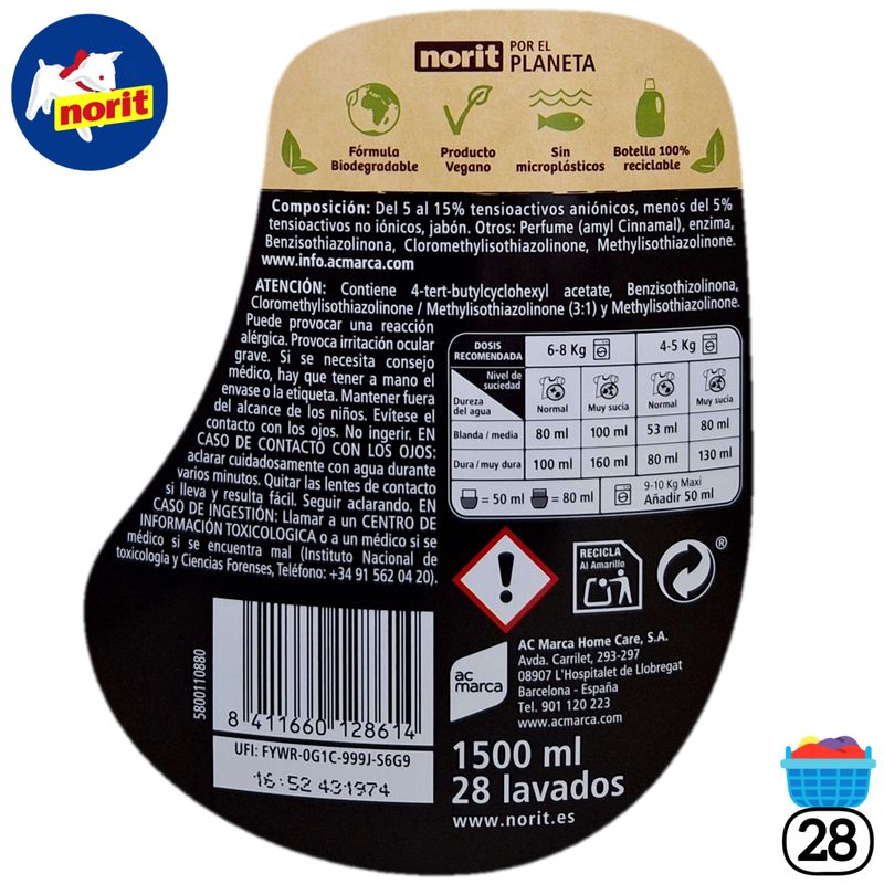 Norit Ropa Oscura - Detergente para la ropa Oscura - Oscuros más intensos - 28 Lavados - 1500ml.