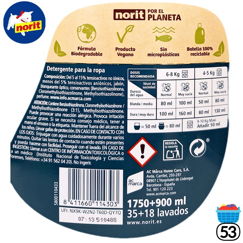 Norit Complet - Detergente para todo tu ropa - Ropa siempre como nueva - 35+18 Lavados - 1750+900ml.