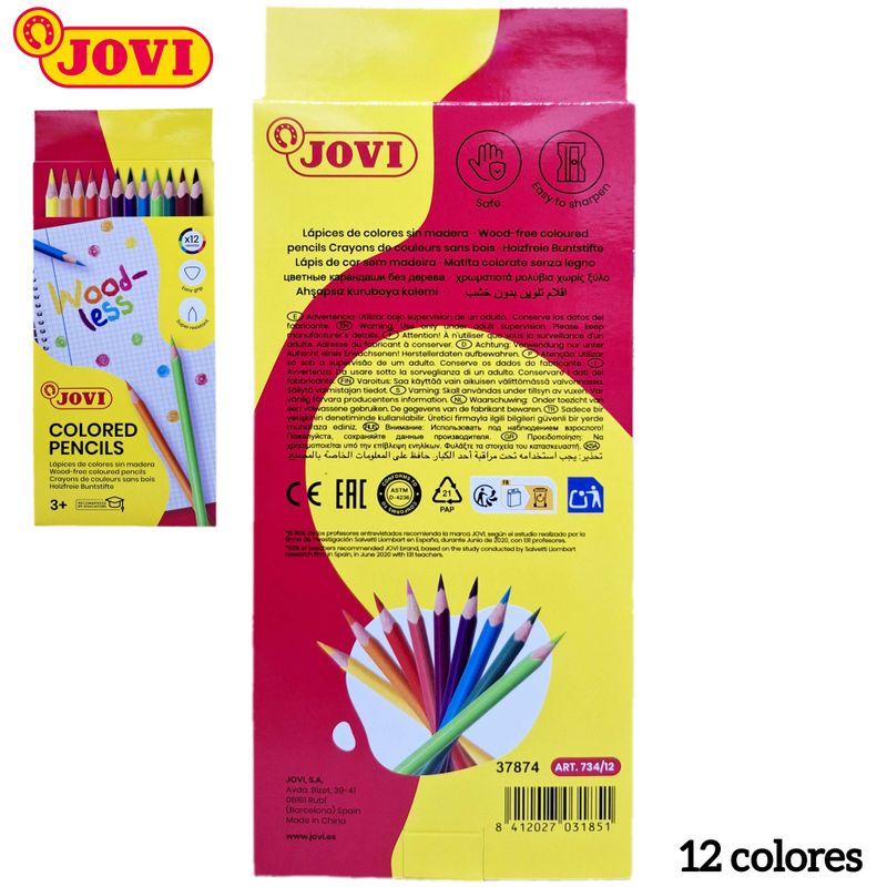 Lápices de Colores Jovi Woodless Pencils Triangulares sin madera - 12 Colores.