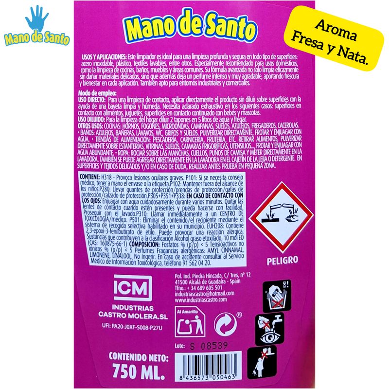 Mano de Santo - Limpiador Multiusos - TODO TODO - Ambientador Fresa y Nata - 750ml.