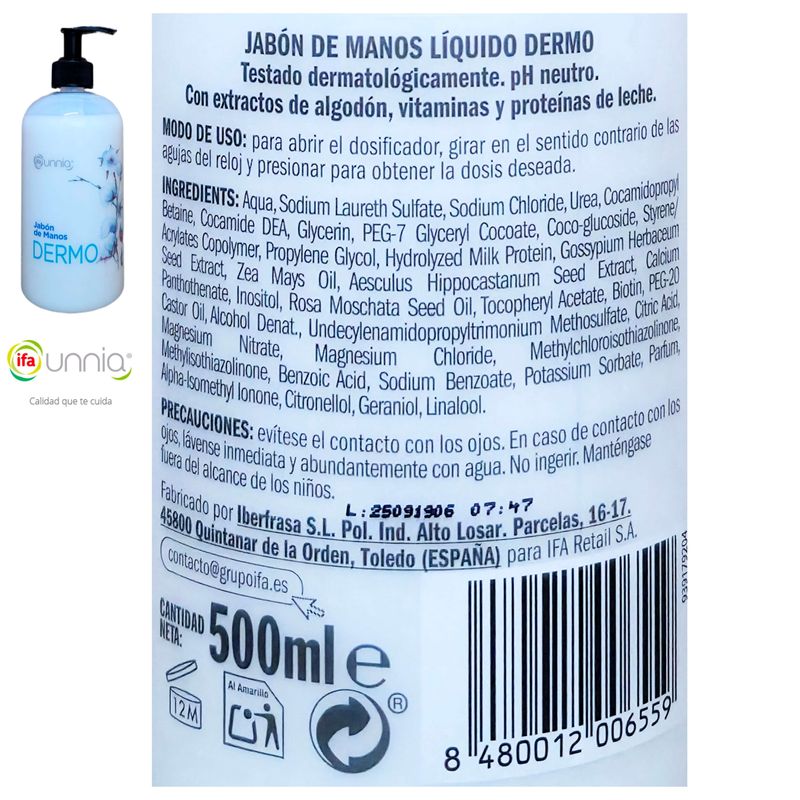 Jabón de Manos Dermo pH neutro Dosificador ifa unnia 500ml.