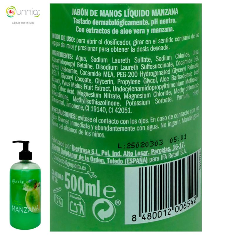 Jabón de Manos Líquido Manzana pH neutro Dosificador ifa unnia 500ml.