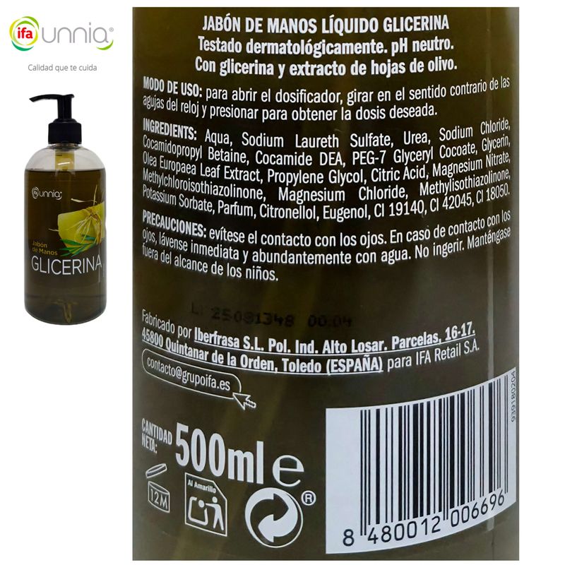 Jabón de Manos Líquido Glicerina pH neutro Dosificador ifa unnia 500ml.