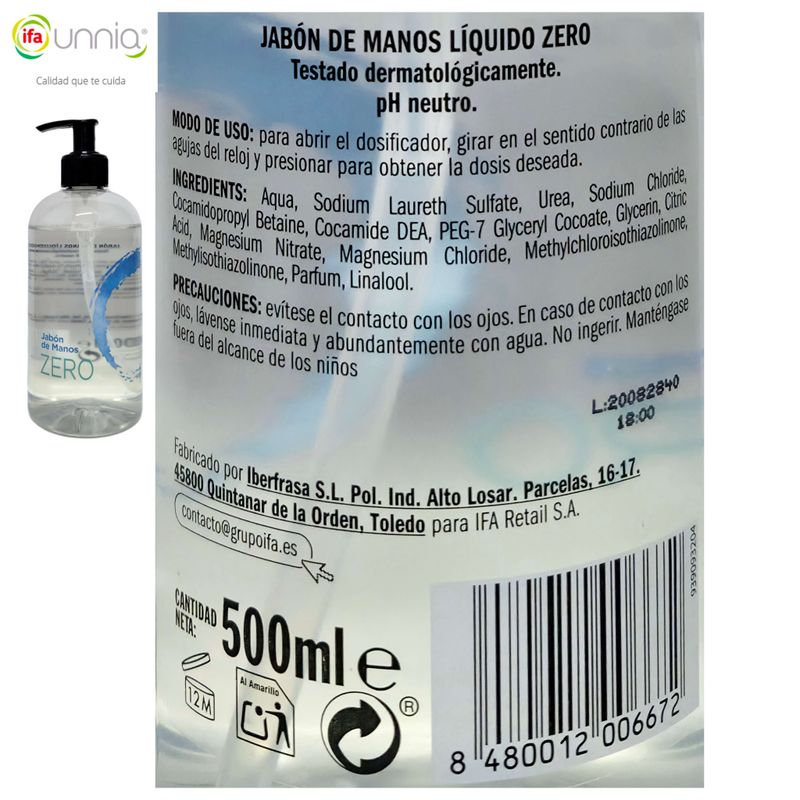 Jabón de Manos Líquido ZERO pH neutro Dosificador ifa unnia 500ml.