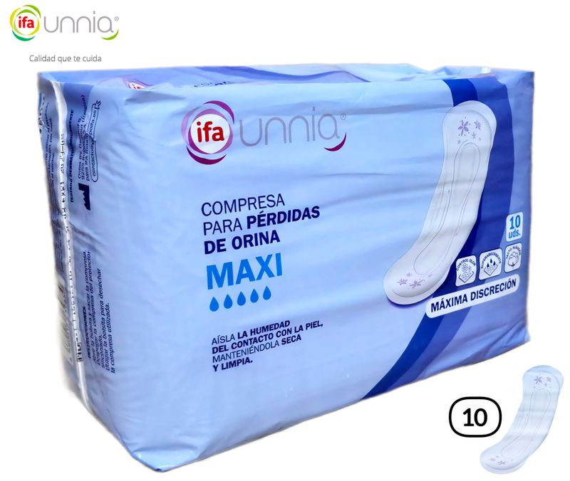 Compresa ifa unnia Para PÉRDIDAS DE ORINA MAXI - Tacto Algodón - Máxima Discreción - 10 unid.