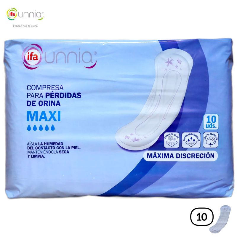 Compresa ifa unnia Para PÉRDIDAS DE ORINA MAXI - Tacto Algodón - Máxima Discreción - 10 unid.
