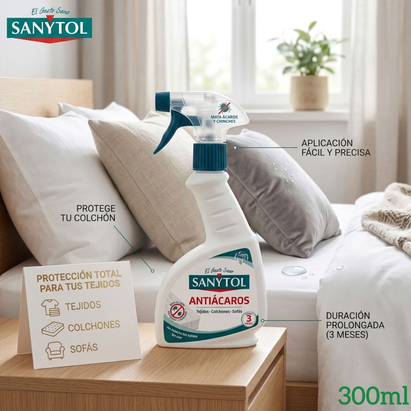 Sanytol Antiácaros - Tejidos - Colchones - Sofás - Eficaz 3 Meses - Pulverizador 300 ml