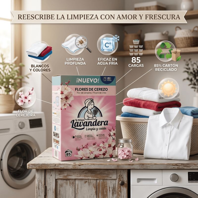 Detergente en Polvo La Antigua Lavandera Flores de Cerezo - 85 Lavados - Blancos y Colores.