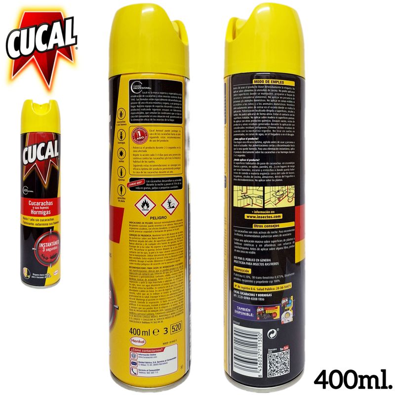 Cucal Insecticida Spray 400ml. Cucarachas y sus Huevos - Hormigas - Instantáneo - Mata y seca en segundos.