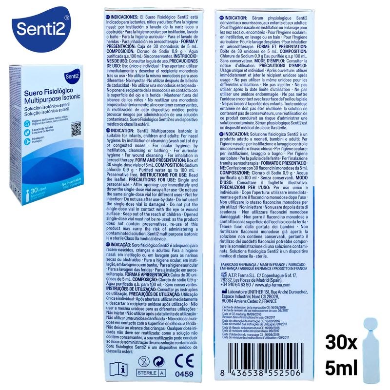 Suero Fisiológico Senti2 - Solución Isotónica Estéril - 30 Monodosis x 5ml.