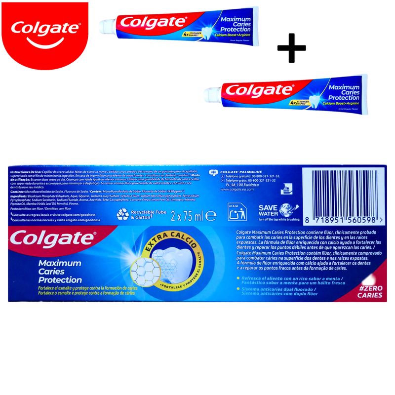 Pasta de dientes Colgate Sabor Original - Máxima Protección Contra la Caries - 2x75ml.