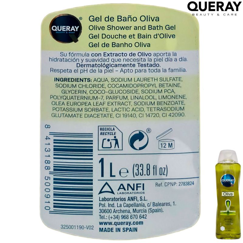 Gel de Baño de Oliva -Queray Beauty & Care - Hidratación - 1 Litro.