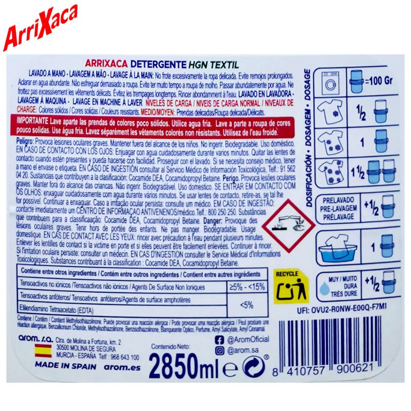Detergente Arrixaca HGN Textil - Fuera Malos Olores - Ropa Blanca y Color - A Mano y a Máquina - 36 Lavados