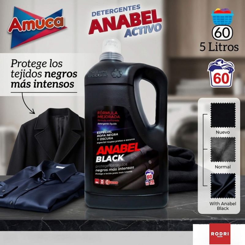 Detergente Anabel Black - Especial Ropa Negra y Oscura - Negros más Intensos - 60 Lavados - 5 Litros.