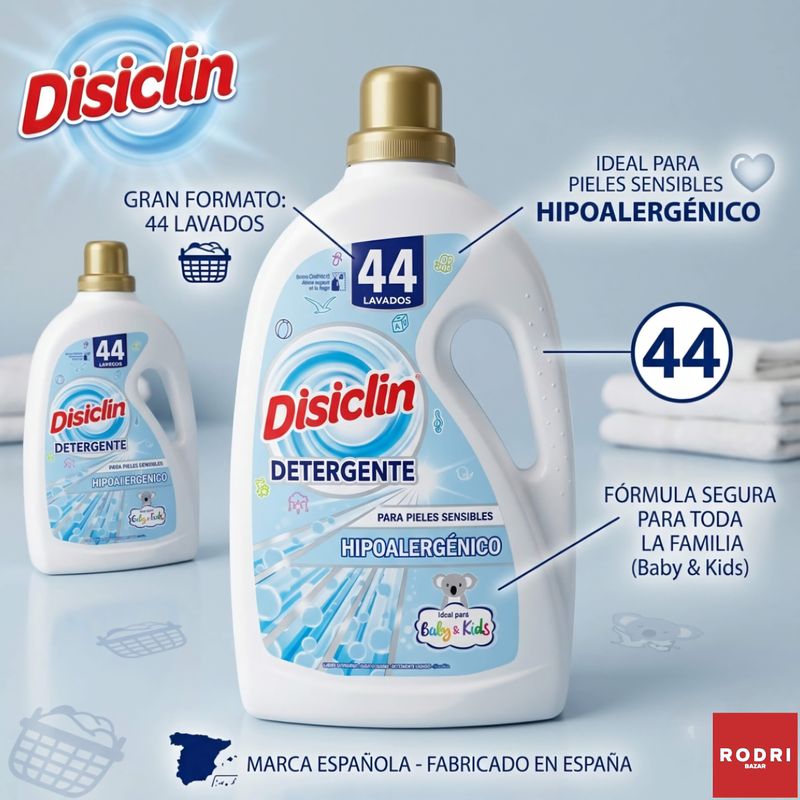 Detergente líquido Disiclin Hipoalergénico - Para Pieles Sensibles - Ideal Para Bebés y Niños - Baby & Kids - 44 Lavados - 2.300ml.