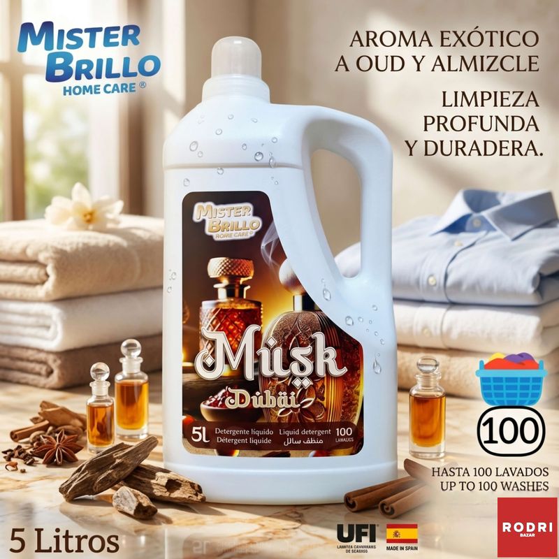 Detergente líquido Musk Dubai Mister Brillo Home care - Aroma Exótico a Oud y Almizcle - 100 Lavados - 5 Litros.
