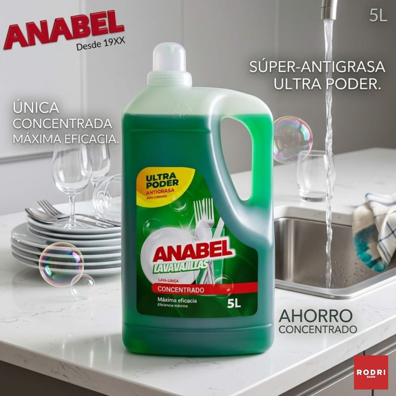 Anabel Lavavajillas Concentrado 5 Litros - Ultra Poder Antigrasa - Máxima Eficacia.