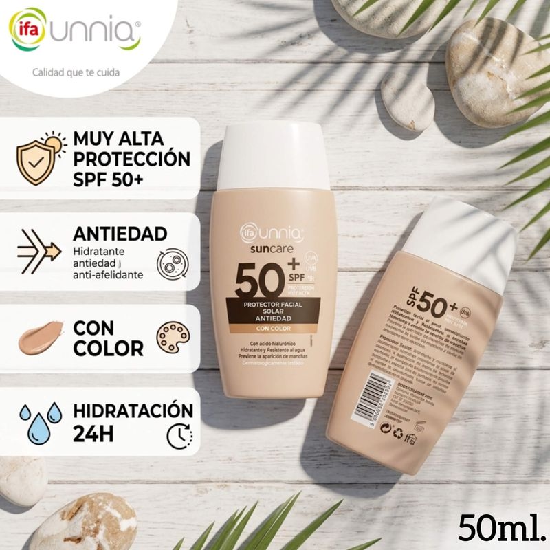 Protector Facial Solar Antiedad ifa unnia - SPF 50+ (Con Color) Con ácido hialurónico - Hidratante y Resistente al Agua. 50ml.
