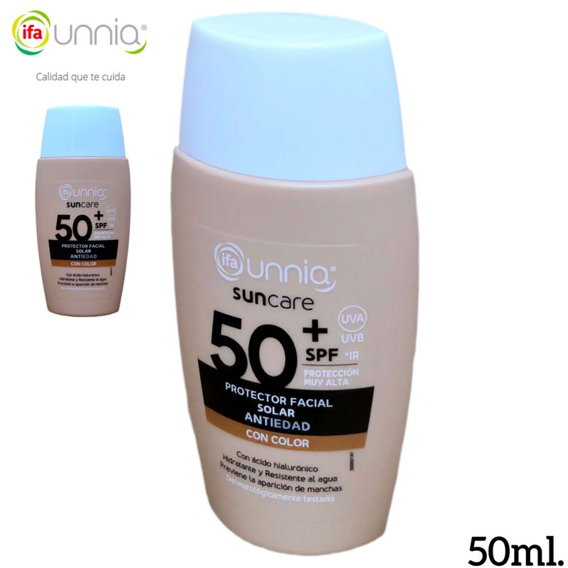 Protector Facial Solar Antiedad ifa unnia - SPF 50+ (Con Color) Con ácido hialurónico - Hidratante y Resistente al Agua. 50ml.