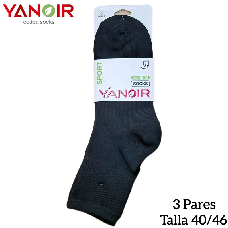 Pack 3 Pares de Calcetines Negros Deportivos YANOIR - Media Caña - Talla 40/46