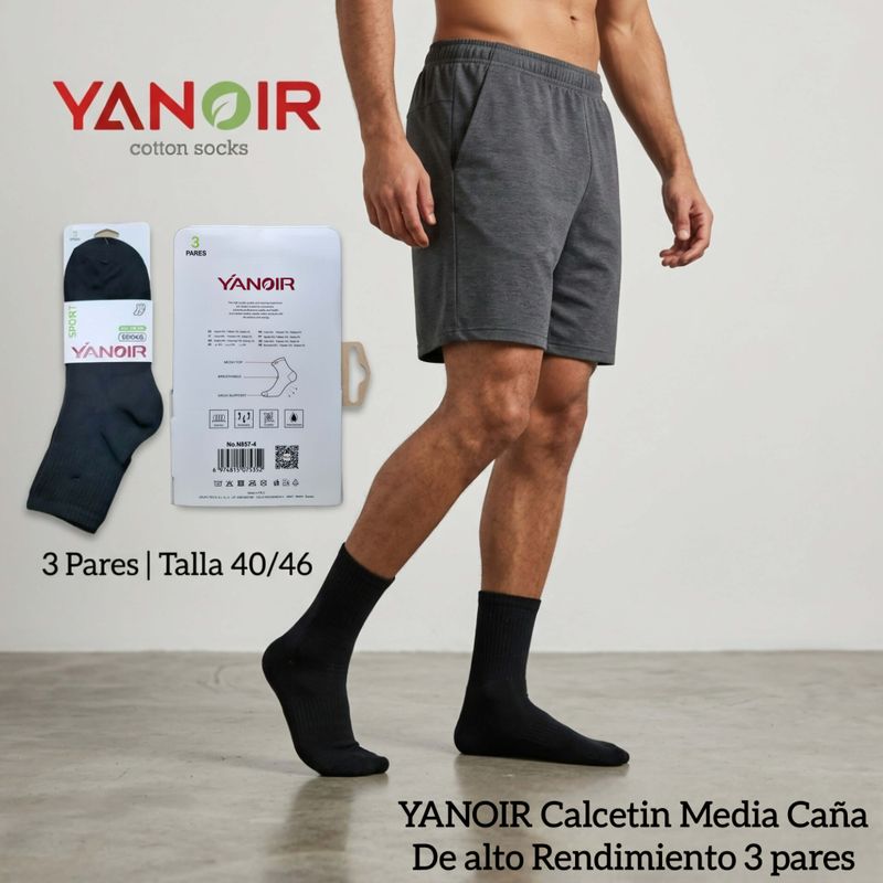 Pack 3 Pares de Calcetines Negros Deportivos YANOIR - Media Caña - Talla 40/46