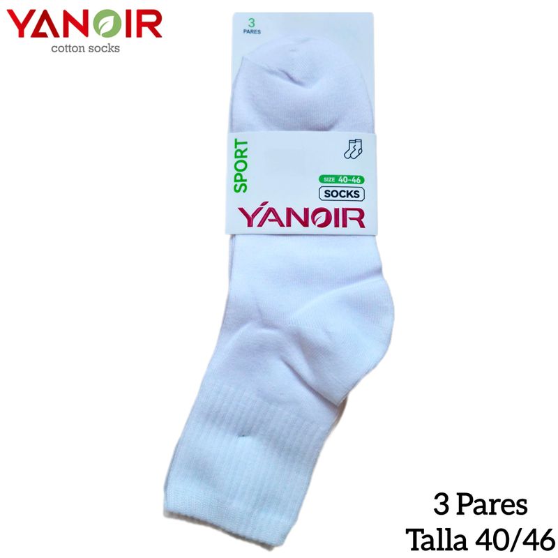 Pack 3 Pares de Calcetines Blancos Deportivos YANOIR - Media Caña - Talla 40/46
