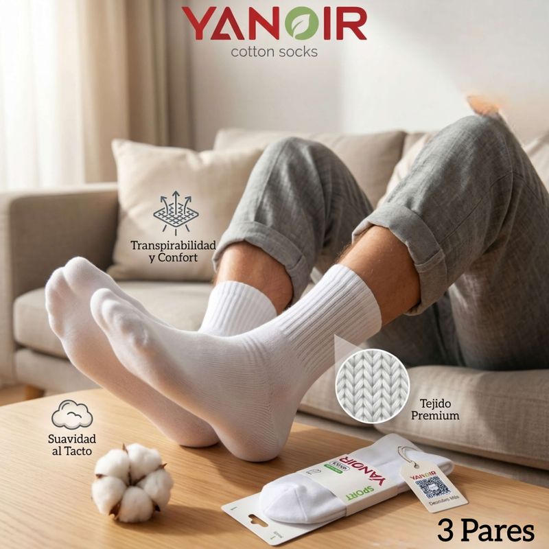 Pack 3 Pares de Calcetines Blancos Deportivos YANOIR - Media Caña - Talla 40/46
