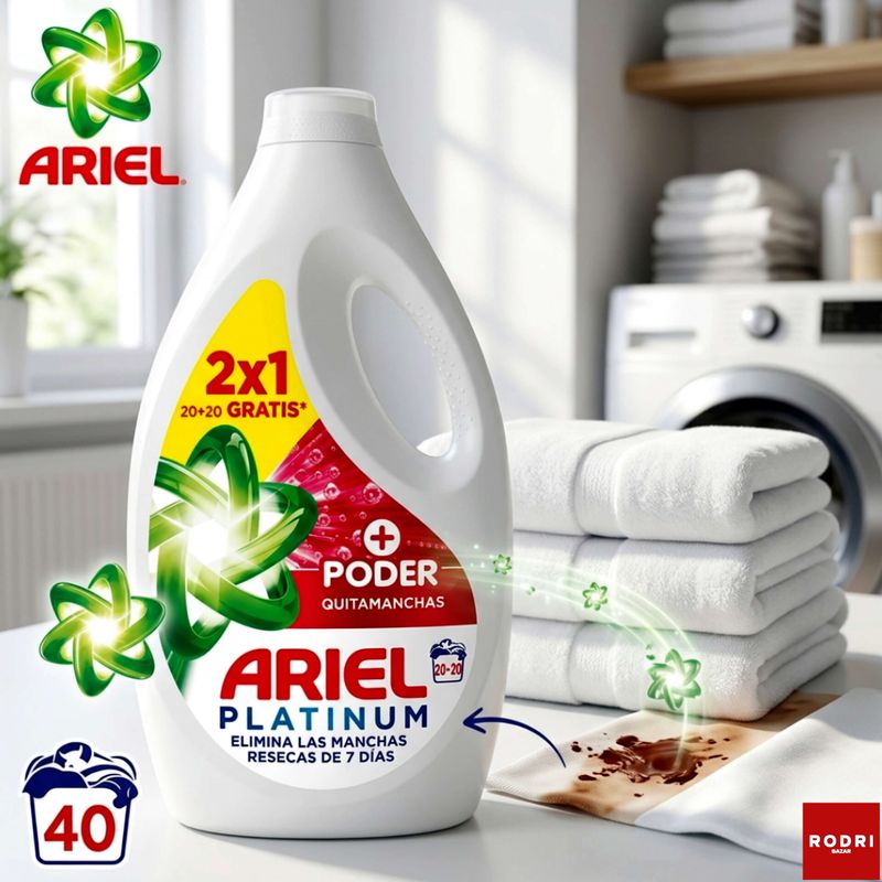 Detergente Líquido Ariel Platinum +Poder Quitamanchas 20+20 Lavados  1800ml.