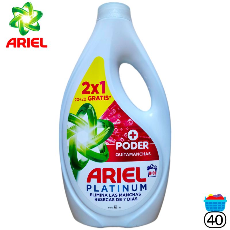 Detergente Líquido Ariel Platinum +Poder Quitamanchas 20+20 Lavados  1800ml.