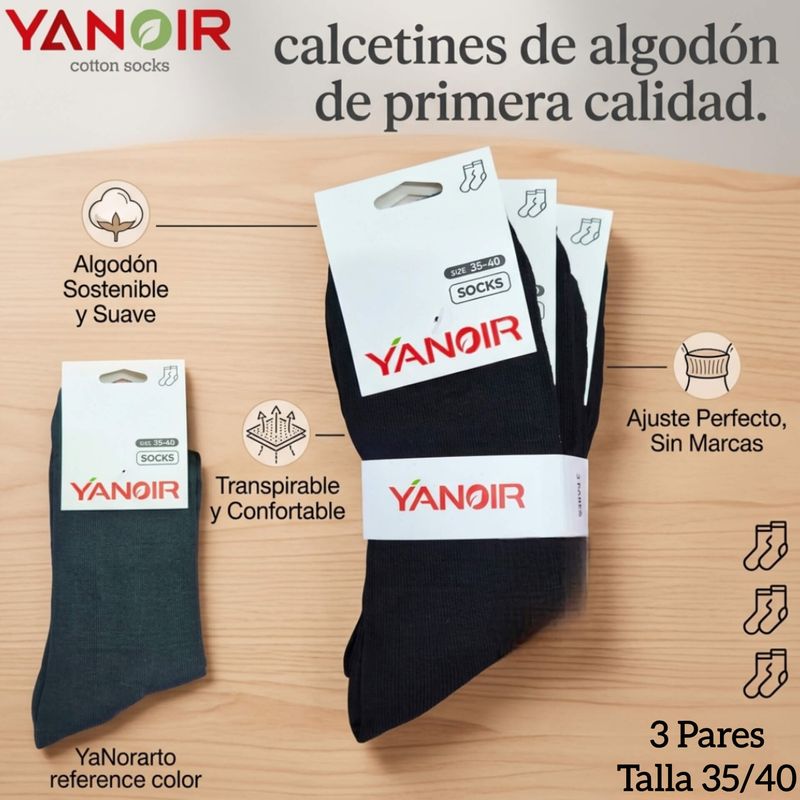 Pack 3 Pares de Calcetines Socks Negros de Algodón Clásicos YANOIR - Talla 35/40